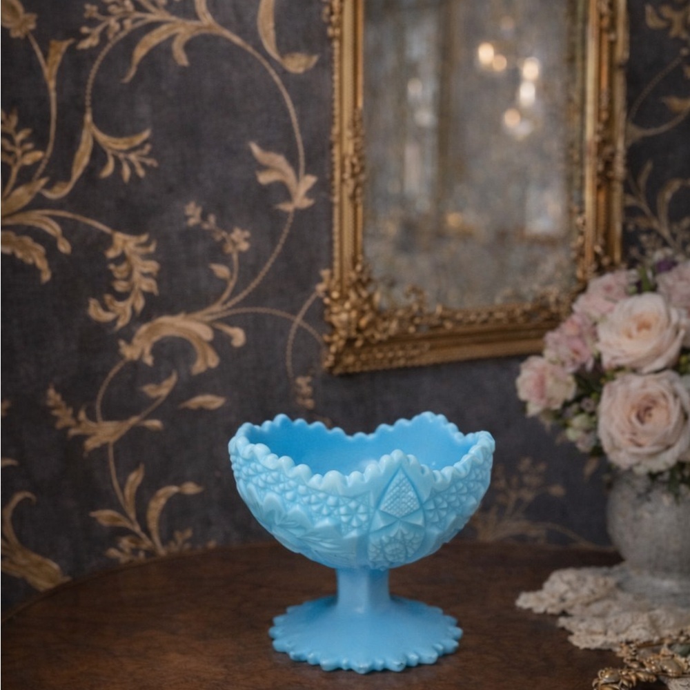 Vintage Fenton Blue Satin Glass Pedestal Compote Bowl Signed Estate